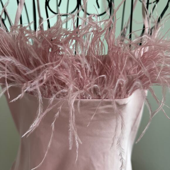 Blu Pepper Pink Satin Slip Midi Dress Faux Feather Trim NWT Medium - Picture 9 of 12